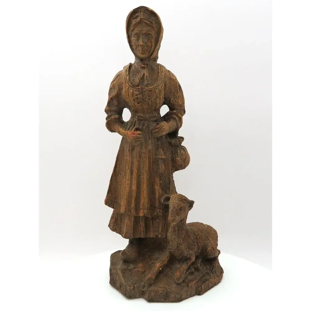 Vintage Carved Wood Woman with Lamb Figurine 8in Folk Art Naturholz Geschnitzt